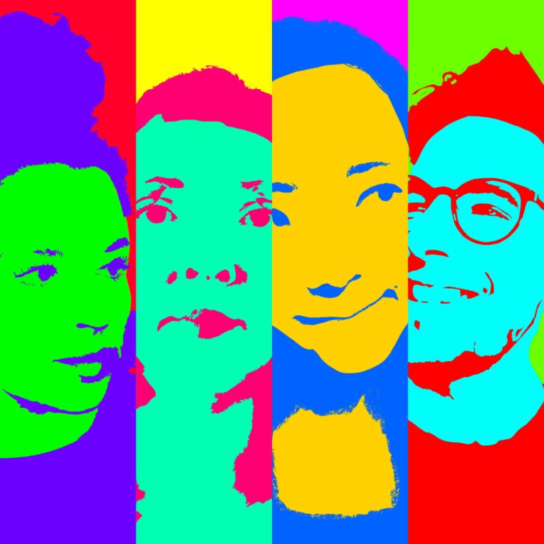 4 colourful stylised faces in pop art style