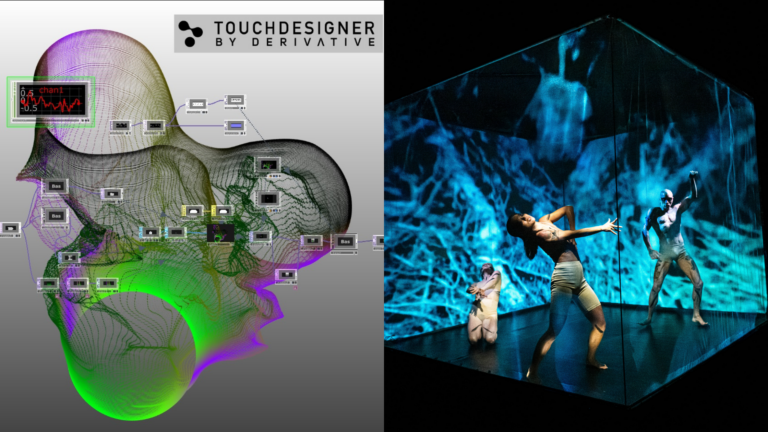 Collage image of a green and purple spiral against a grey background and an image of three dancers in a glass cage against a projection of blue lights.