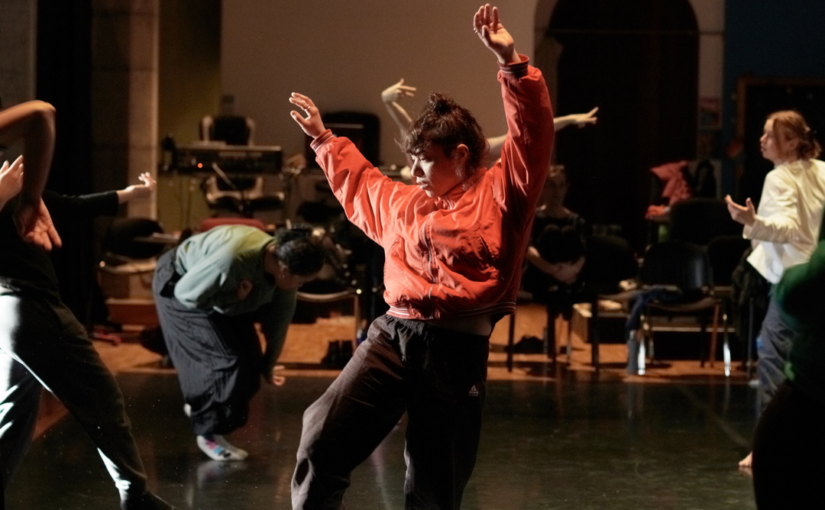 Image of a dancer in movement wearing a red jacket, with other dancers in the background.